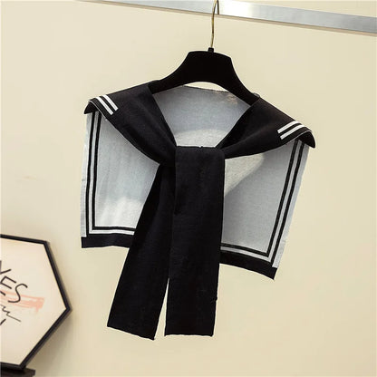 Korean College Navy Stripe Wool Knit Shoulder Cape Knotted Warm Overlapping Shawl Women Summer Neck Scarf T56