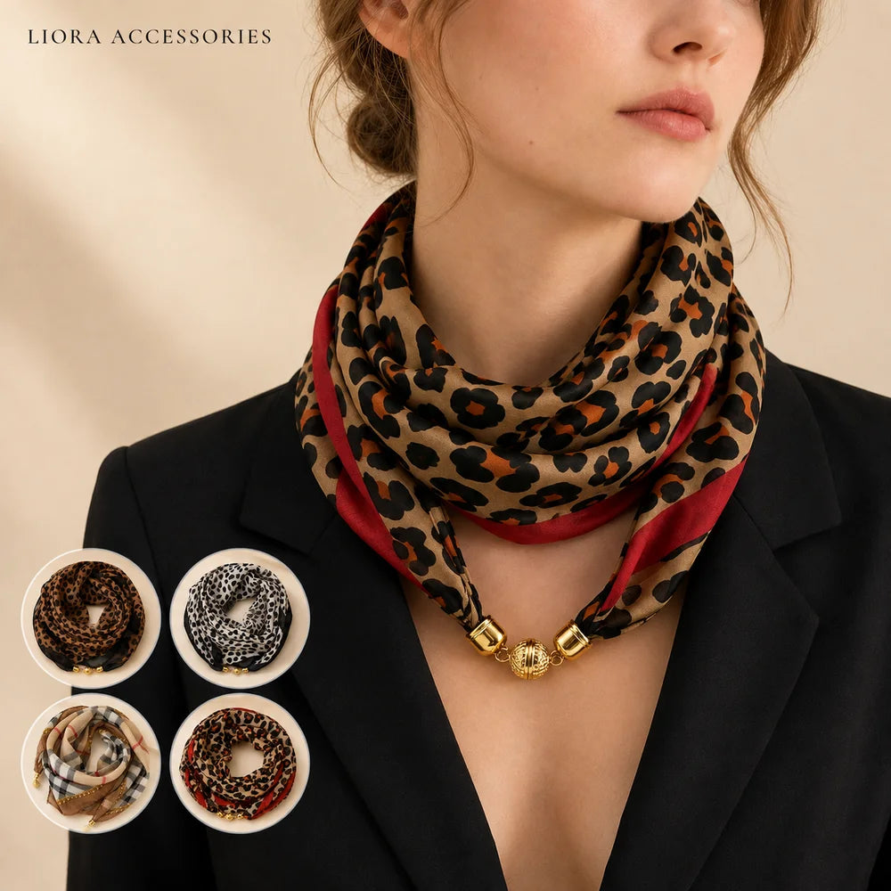 63x63cm Leopard Print Square Scarf for Women with Magnetic Clasp Lightweight Chiffon Neck Scarf Fashion Accessory