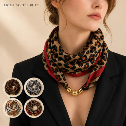 63x63cm Leopard Print Square Scarf for Women with Magnetic Clasp Lightweight Chiffon Neck Scarf Fashion Accessory
