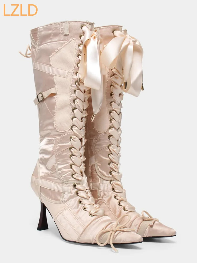 Sweet Pointed Straps Party Catwalk Knee Boots 2025 New Bowknot Satin Women's Long Boots Street Fashion Stiletto Casual Boots