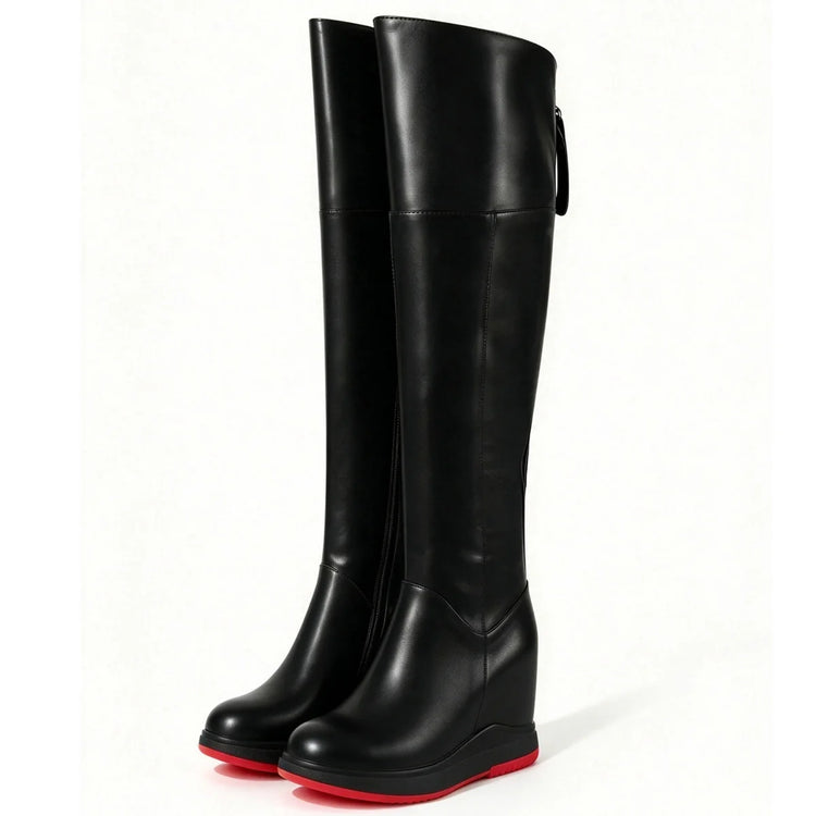 Winter Warm Chunky Sneakers Women Genuine Leather Wedges High Heel Over The Knee Snow Boots Female Platform Pumps Casual Shoes