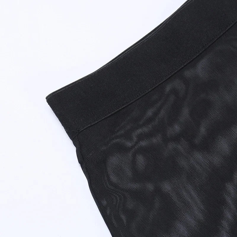 Goth Mesh Perspective Side Slit Skirt Lace Up Dark Punk Gothic Faldas Feminino Thin Summer Aesthetical