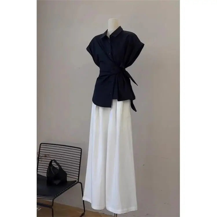2026 New Women's Fashion Shirt And Pants Set Belted Loose Wide Leg Pants Thin Material Spring Autumn Wear High Waist Polyester
