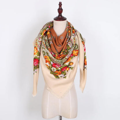 Russian Women Big Size Square Scarf Luxury Floral Print Bandana Wraps Female Retro Short Tassel National Shawl