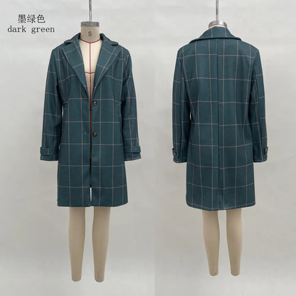 Winter Women's Wool Mid Length Coats Jackets Blends Plaid Turn Down Collar Coat Thick Warm Y2k Streetwear Jacket Work Outerwear