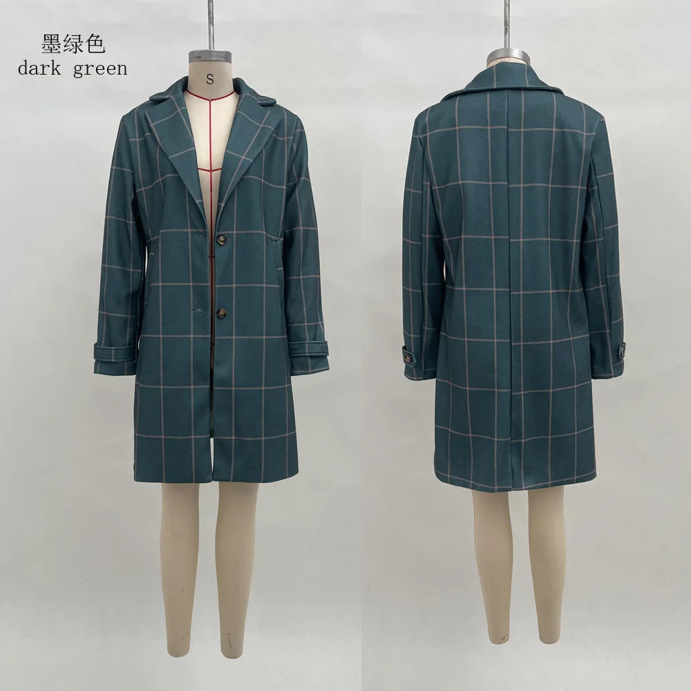 Winter Women's Wool Mid Length Coats Jackets Blends Plaid Turn Down Collar Coat Thick Warm Y2k Streetwear Jacket Work Outerwear