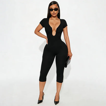 Solid Color Sexy Slim Fit and Slimming Chest U-Neck Jumpsuit, Versatile and Fashionable Jumpsuit Cropped Pants