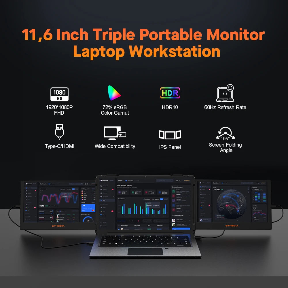GTMEDIA 11.6Inch Portable Monitor 1920*1080 IPS FHD Triple Dual Extender Screen Full View Fold Display For 13.0-17.3Inch Laptops