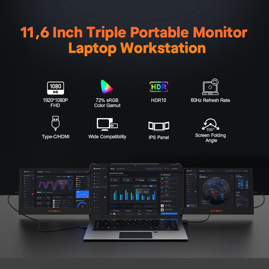 GTMEDIA 11.6Inch Portable Monitor 1920*1080 IPS FHD Triple Dual Extender Screen Full View Fold Display For 13.0-17.3Inch Laptops