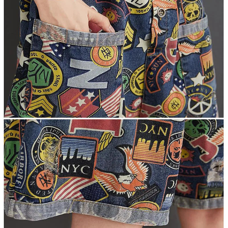 Jumpsuit Playsuits Women Jeans Printed Rompers New Summer Retro Large Size Loose Denim Strap Overalls Fashion Wide-leg Pants