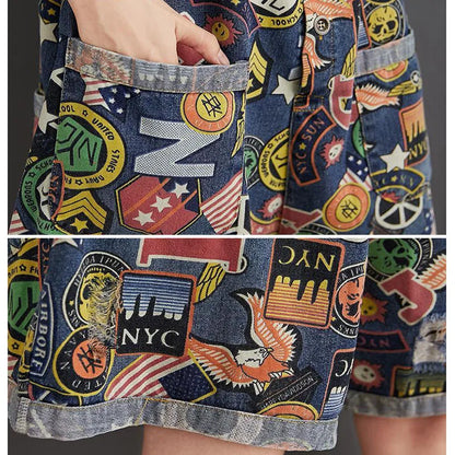 Jumpsuit Playsuits Women Jeans Printed Rompers New Summer Retro Large Size Loose Denim Strap Overalls Fashion Wide-leg Pants