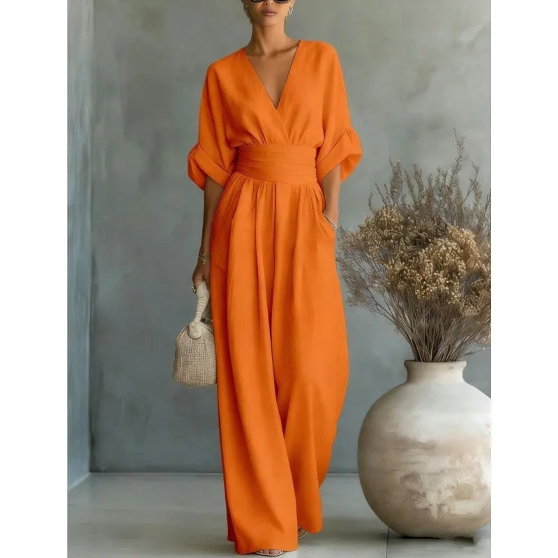 Summer Sexy Deep V-neck Short Sleeve Jumpsuits Elegant Women Solid High Waist Rompers Casual Sleeveless Wide Leg Pants Jumpsuit