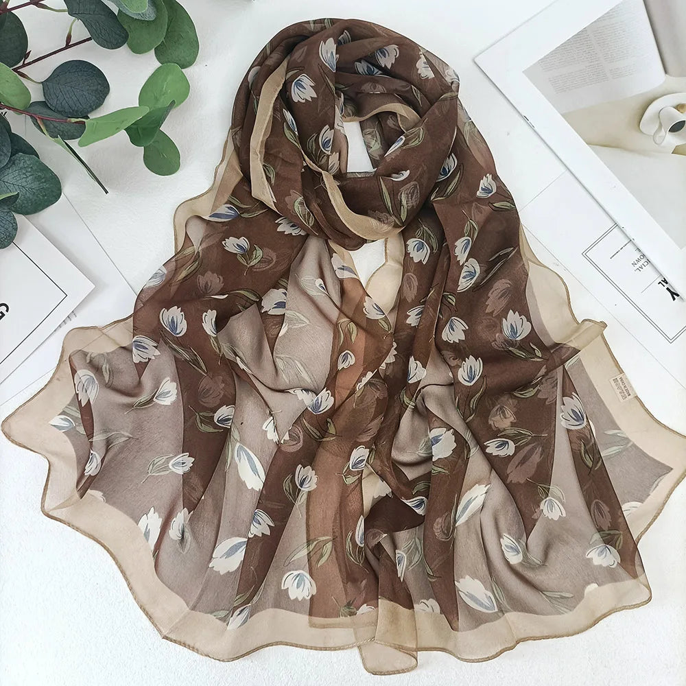Magnolia Flower Print Women Elegant Chiffon Georgette Bandana Scarf Summer Beach Sunscreen Thin Hijab Headband Shawl