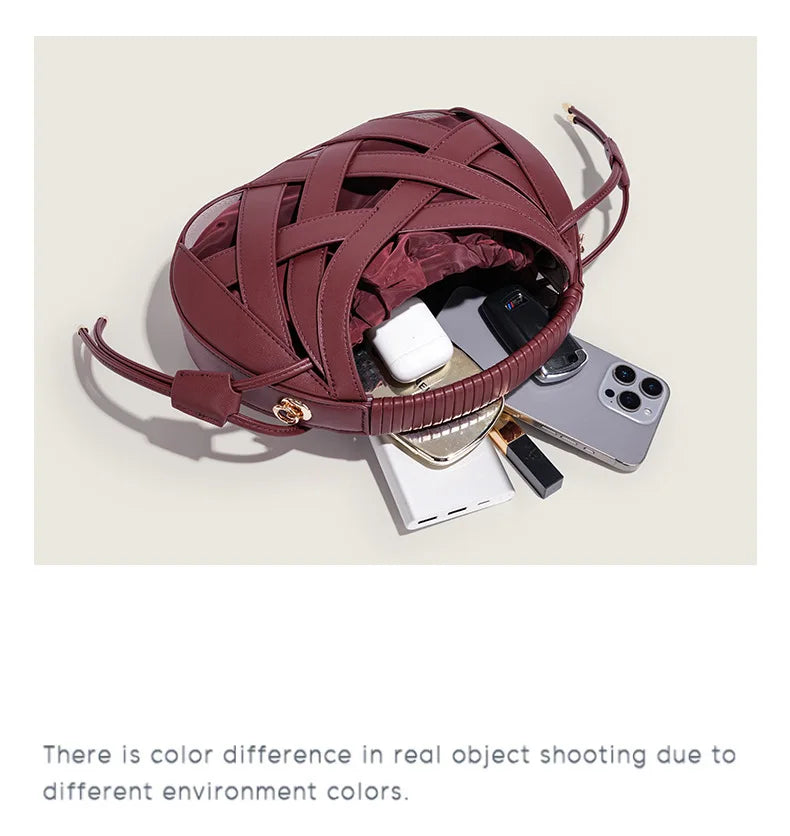 Fashion Woven Hollow Women Handbags Luxury Designer Ladies Shoulder Messenger Bag Small Totes Tassel Lady Composite Bag Burgundy
