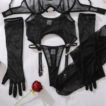Solid Women's Lingerie Sets Seductive See Through Bra Belt Thong 3PC with glovs stockings Sissy Sexy Women's Underwear
