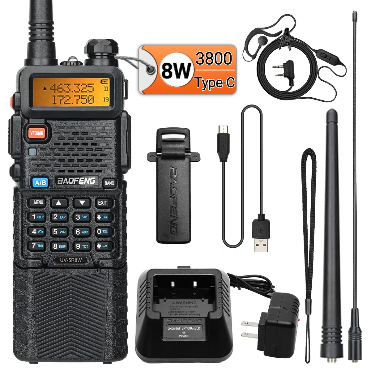 Baofeng UV-5R 8W Long Range Walkie Talkie 3800mAh Type-c Ham Amateur Communication Two Way Radio for Adults Camping