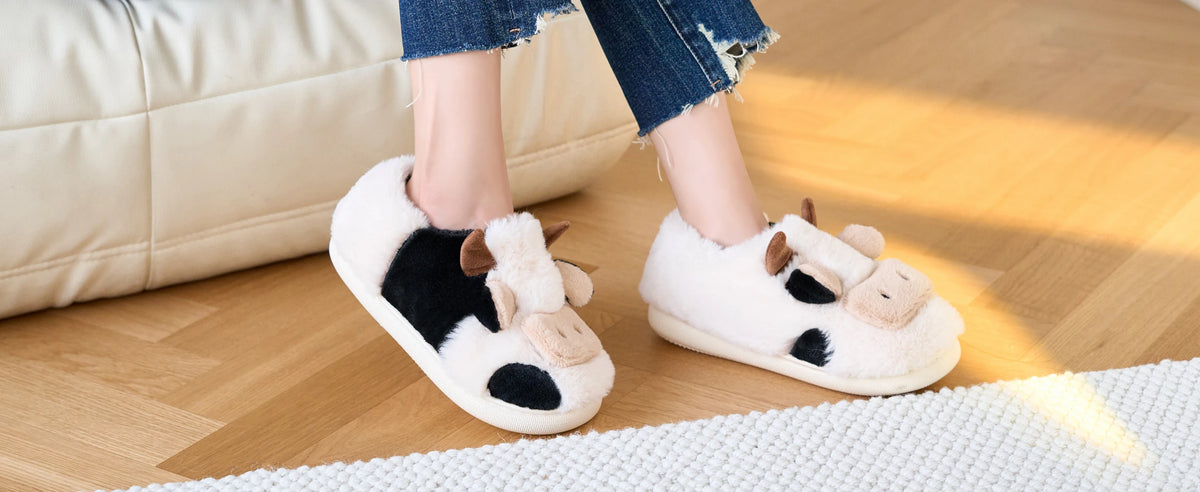 Shevalues Plush Cartoon Milk Cow Slippers Winter Women Slippers Furry Non-Slips Women Cotton Slides Couples Soft Cozy Flat Shoes
