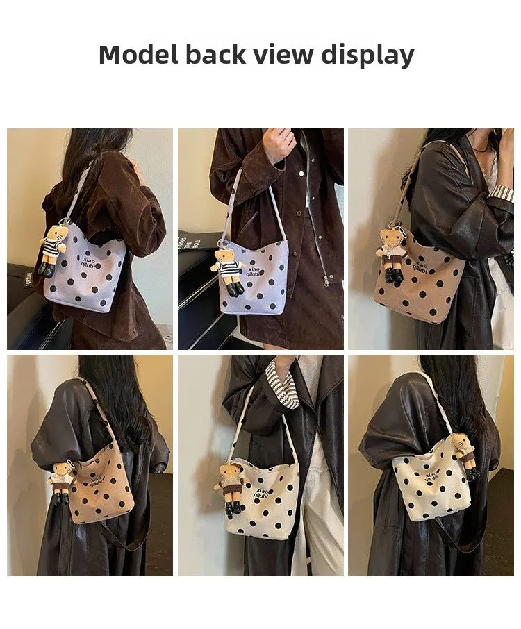 Korean Style Niche Linen Dot Shoulder Bag Women New Fashion Large Capacity Bucket Bag Casual Versatile Commuting Underarm Bag