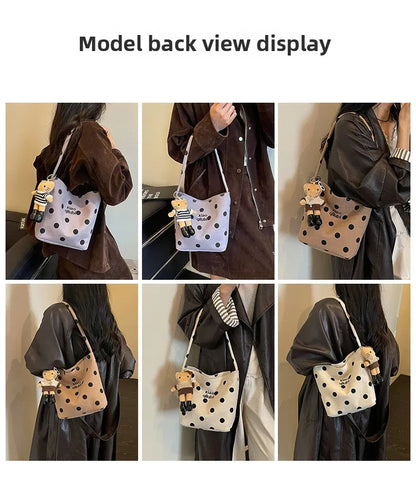 Korean Style Niche Linen Dot Shoulder Bag Women New Fashion Large Capacity Bucket Bag Casual Versatile Commuting Underarm Bag