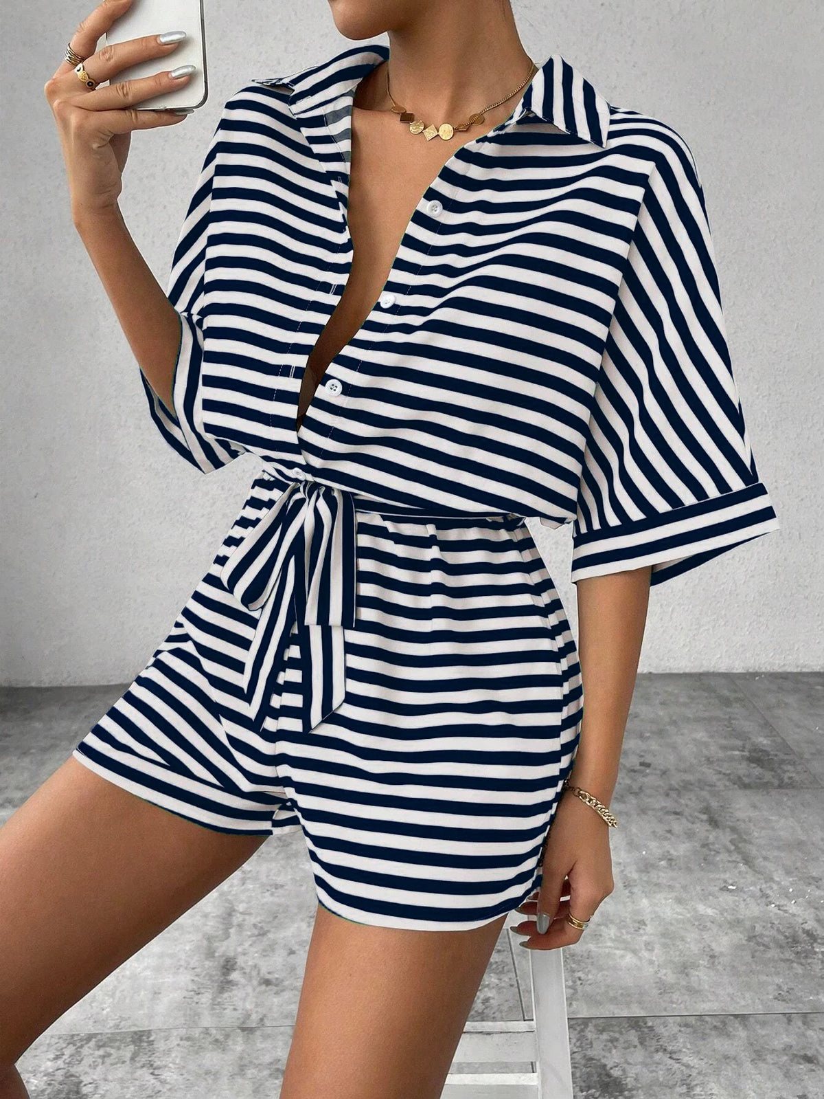 Women One Piece Short Sleeve Striped Overalls Shorts Pants Elastic Waist Turn Down Collar Rompers