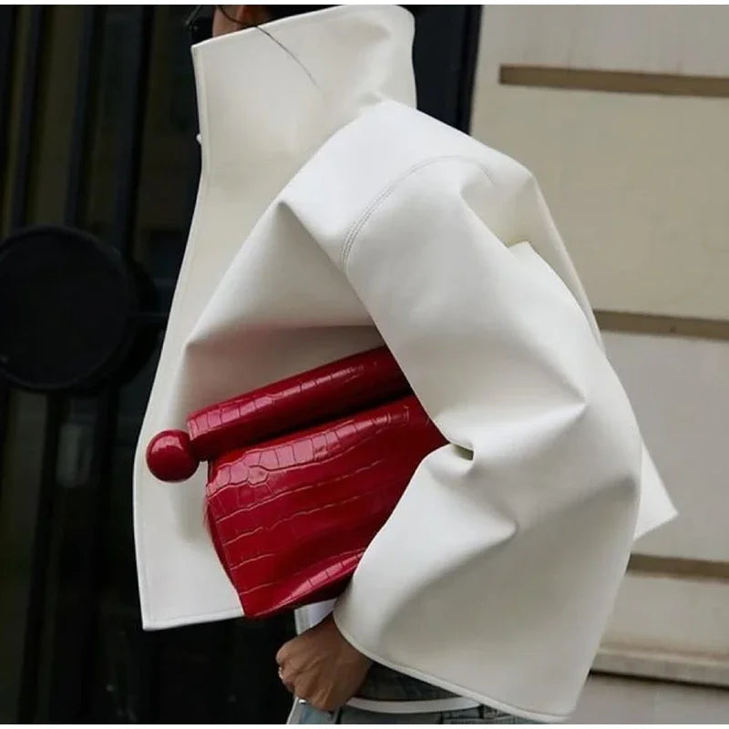 Women Cropped PU Leather Jacket Stand Collar Wide Flare Sleeve Asymmetrical Wrap Open Front Coat 2026 Autumn Chic Loose Jackets
