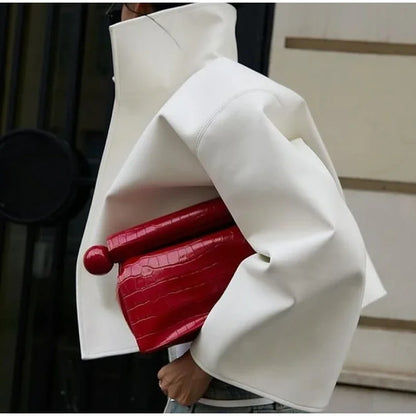Women Cropped PU Leather Jacket Stand Collar Wide Flare Sleeve Asymmetrical Wrap Open Front Coat 2026 Autumn Chic Loose Jackets