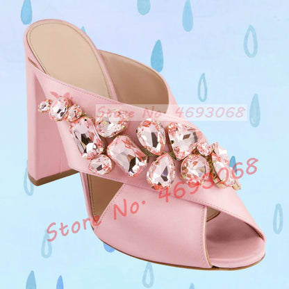 Gems Silk Chunky High Heels Slippers Women Luxury Cross Strap Rhinestone Mules Ladies Stylish Summer Bling Open Toe Party Shoes
