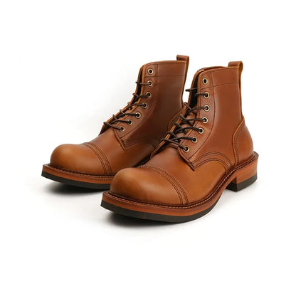 New Designer Handmade Men Ankle Boots Autumn Winter Round Toe Tooling British Genuine Cow Leather Shoes Desert Motorcycle Boots