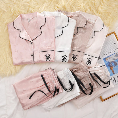 Victoria's Secret Suit Womens Silk Satin Pajamas Set Short Sleeve Shorts Sleepwear Loungewear Soft Breathable Button Down Pyjama