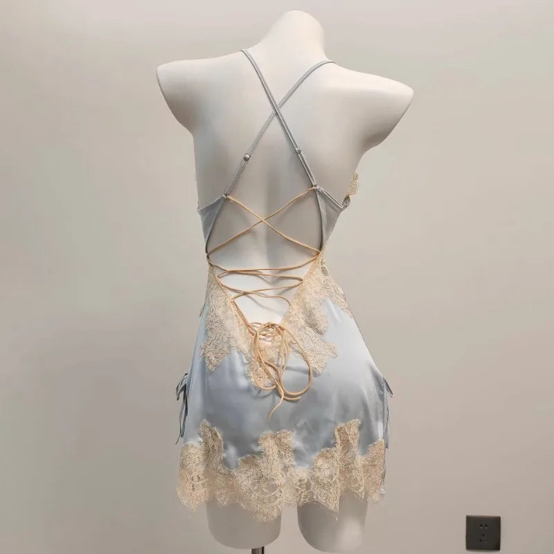 Sexy Pajamas for Women Nightwear Ice Silk Lace Beautiful Back Suspender Pajama Night Dress Elegant Strap Sweet Nightgown 2025