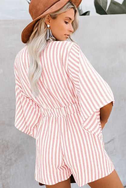 Summer waist slimming striped jumpsuit for women, European and American foreign trade deep V flared sleeve three quarter pants