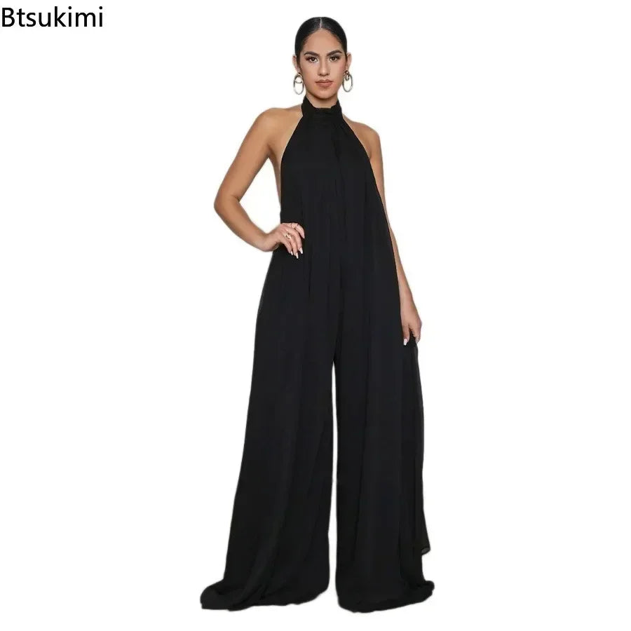 2026 New Women's Solid Chiffion Loose Halter Jumpsuits Sexy Backless Wide Leg Pants Rompers Fashion Party Elegant Women Clothing