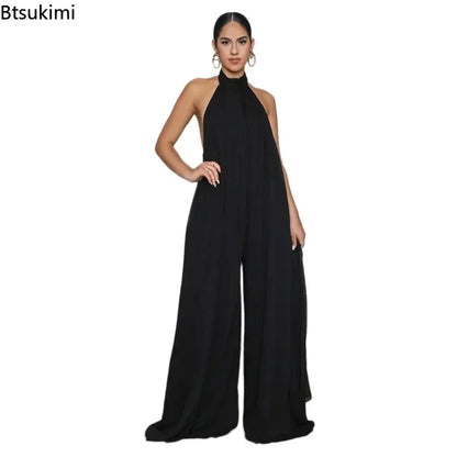 2026 New Women's Solid Chiffion Loose Halter Jumpsuits Sexy Backless Wide Leg Pants Rompers Fashion Party Elegant Women Clothing