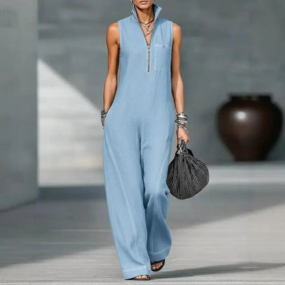 Solid Color Women Sleeveless Jumpsuit Casual Long Pants Rompers with Pockets Summer Zip Up Stand Collar One Piece Overalls