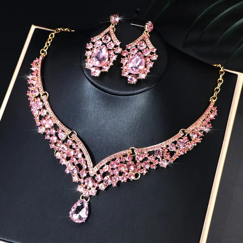 Sparkling Luxurious Women Earrings Necklace Set Water Drop Rhinestones Crystal Adjustable Jewelry Set for Wedding Bride