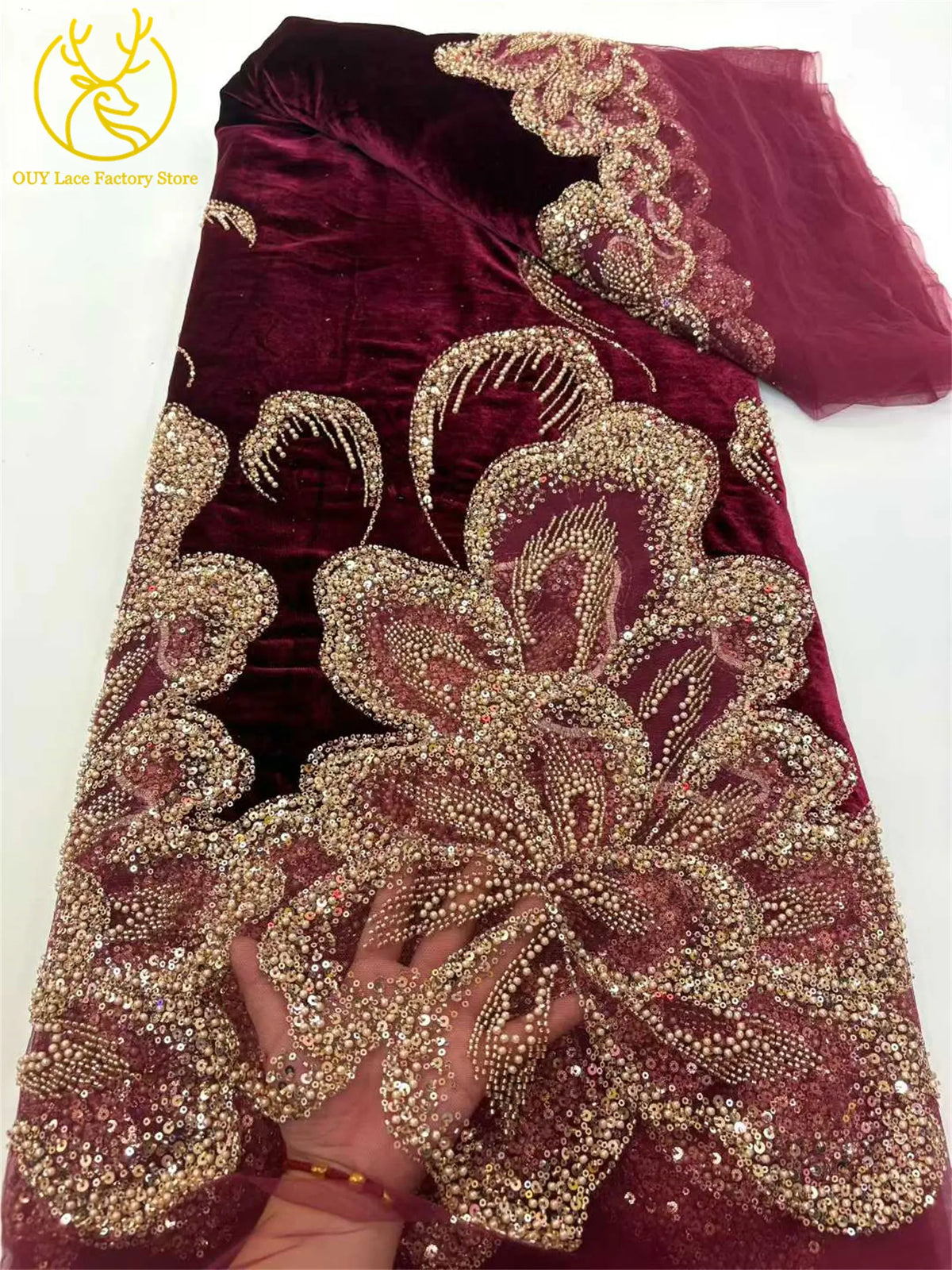 Luxury African Velvet Gold Beaded Sequins Lace Fabric 5 Yards Wine Red Groom Embroidery French Tulle Lace For Women Party Dress