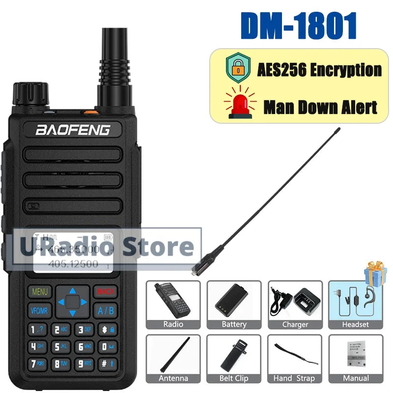 Baofeng DM-1801 DMR Digital Walkie Talkie Radio AES256 Man Down Seamless Roaming SMS Customizable Side Button Dual Band DR-1801