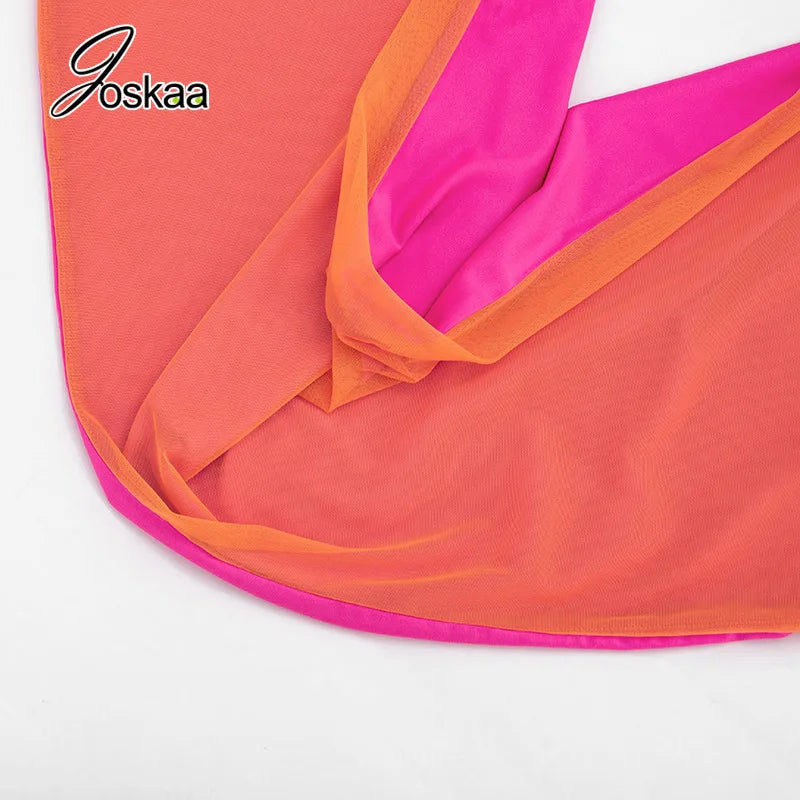 Joskaa Sexy Patchwork 2 Piece Set Women Cowl Neck Halter Backless Tie-Up Crop Top+High Waist Capri Pants Matching Party Clubwear