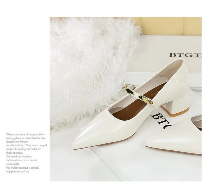 Women Korean Vintage Soft Split Cow Leather Pointed Pumps Simple Single Metal Buckle Strap Mid Chunky Heel Comfort Office Daily