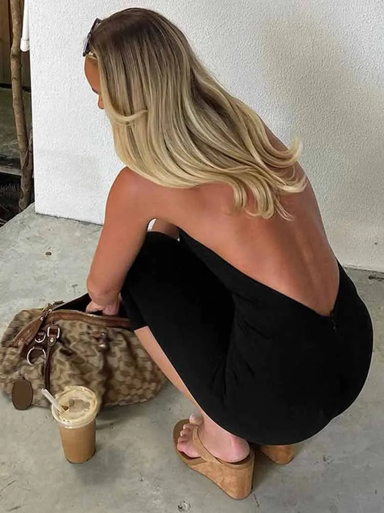 BKQU Casual Simple Halter Playsuits Women Solid Low-Neck Backless Stretch Skinny One Piece Rompers Yogo Sporty Classic Overalls