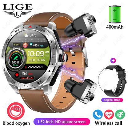 LIGE With Earbuds Bluetooth Headset Smartwatch Women Speaker Tracker Music Sport Watch Men Waterproof Smart Watch AMOLED Screen
