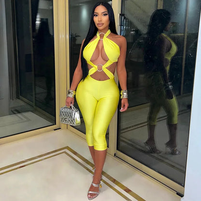 Stylish Lady Halter Jumpsuit Women Metal Ring Cutout Splicing Bodycon Capri Jumpsuit Backless Hollow Out Slim Club Party Romper