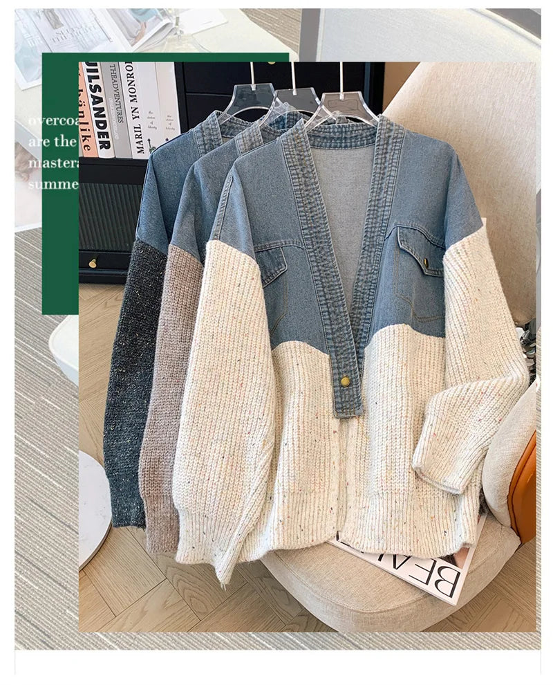 Fat mm200 Pounds Vintage Denim Patchwork Sweater Coat ins Fashion Woman 2024 Autumn and Winter Thickened Loose Niche Cardigan