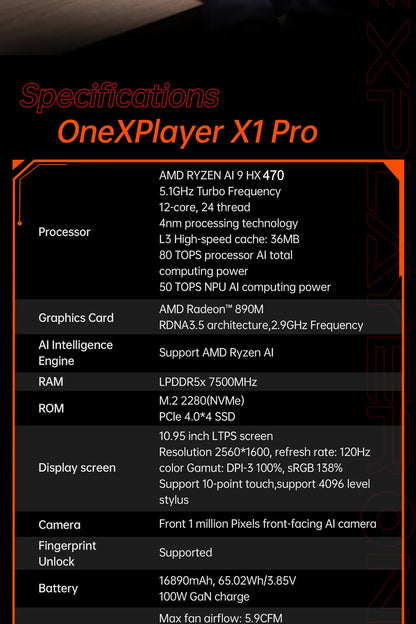 Onexplayer X1 pro 3-in-1 Mini Laptop A1470-32G+2TB Windows 11 10.95'' Gaming Laptop AI Camera 120hz HDMI Handheld GamePad Tablet