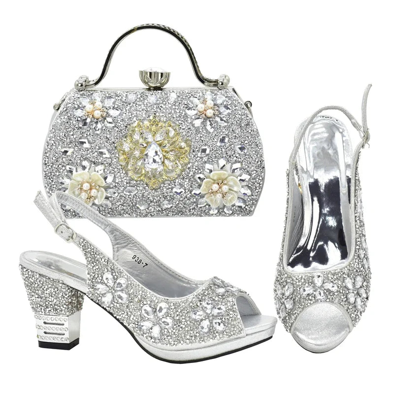 Fashion Italian Shoes with Bag Set Decorated with Rhinestone Women Wedding Shoes Set Nigerian Party Pumps High Heels Sexy Ladies