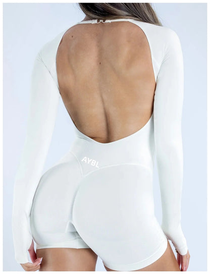 Long Sleeve One Piece Gym Clothes Women Yoga Playsuit Open Back Fitness Workout Jumpsuit Backless Set Siamese Sportswear