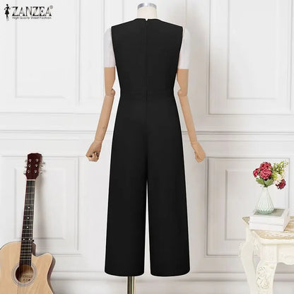 ZANZEA Women Jumpsuits Solid Sleeveless V Neck Rompers Elegant Office Ladies Clothing European Bottoms Pockets Casual Overalls