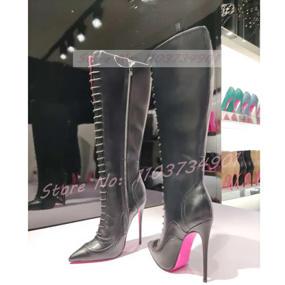 Pink Sole Zipper Knee Length Boots Women Sexy Nightclub Lace Up Pointy Toe High Heels Boots Lady Party Nifty Punk Fashion Shoes