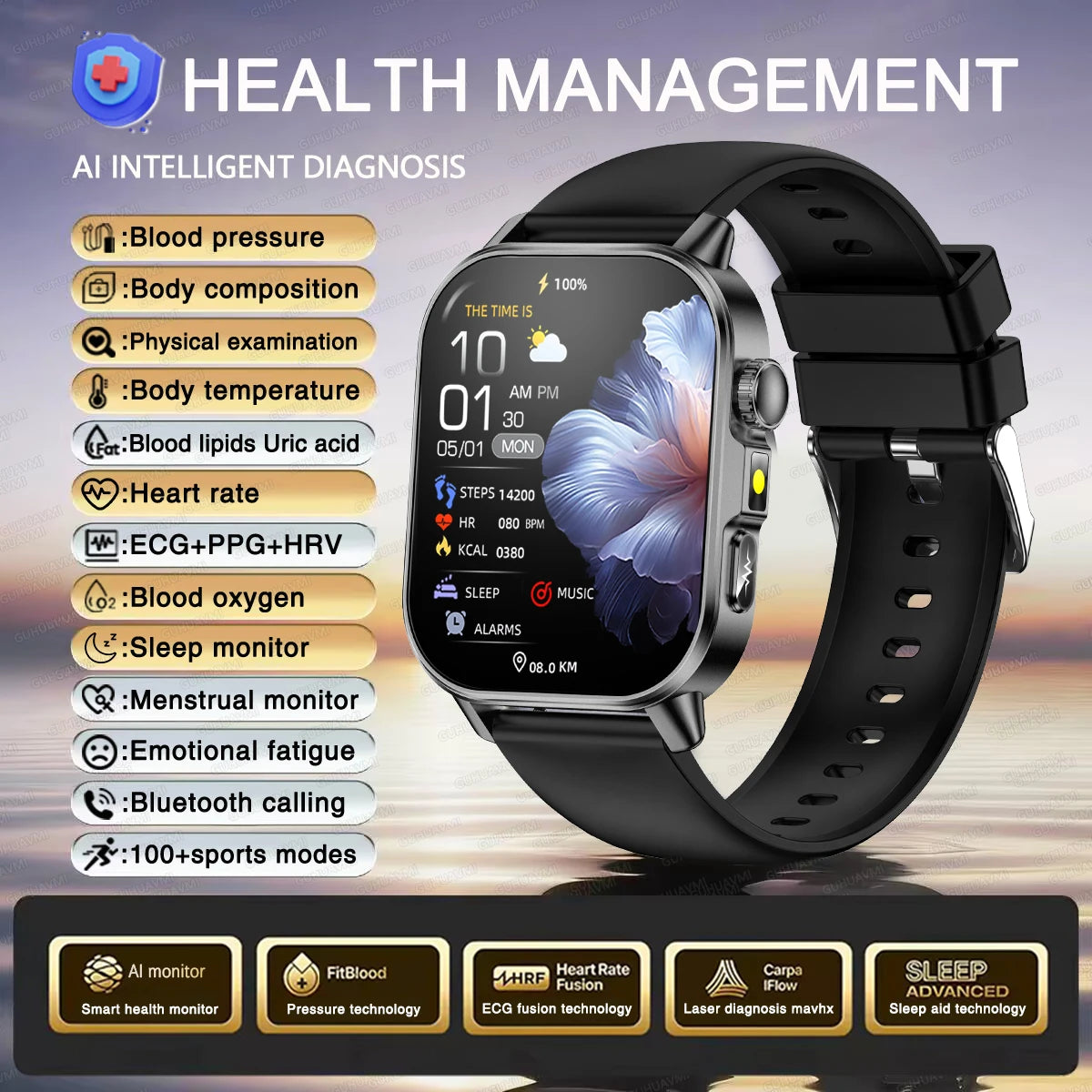 2026 Original Women Health Accurate Diagnosis Smart Watch ECG+HRV BP Blood Oxygen Uric Acid Heart Rate Bluetooth Call Smartwatch