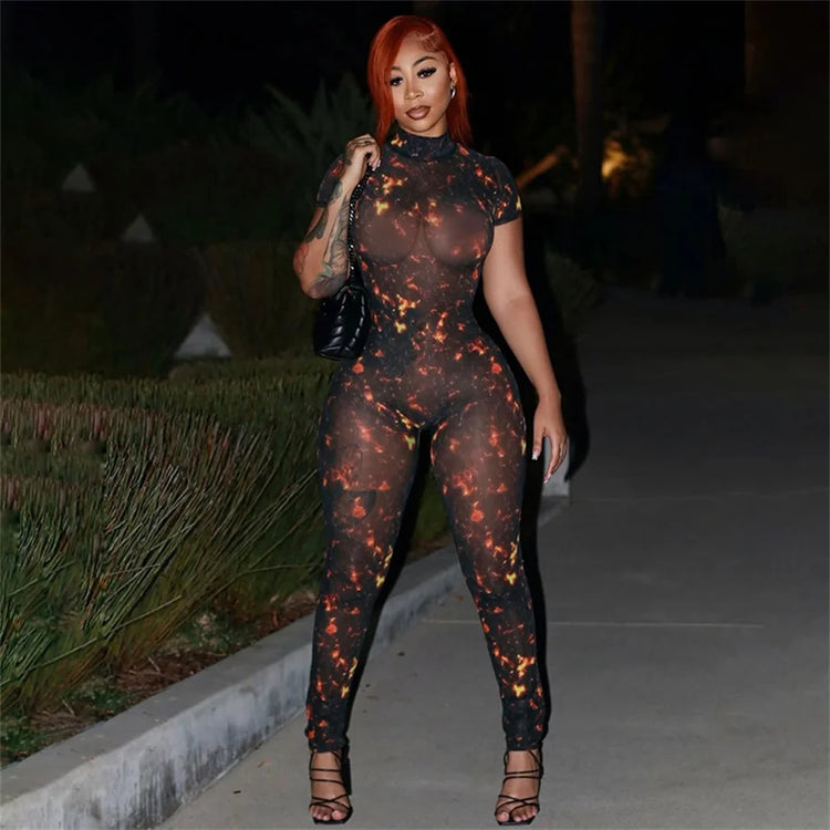 10 Wholesale Items Jumpsuits Women Summer 2025 Short Sleeve Bodycon Sexy Y2k Printing Mesh See Through Backless Rompers K15151
